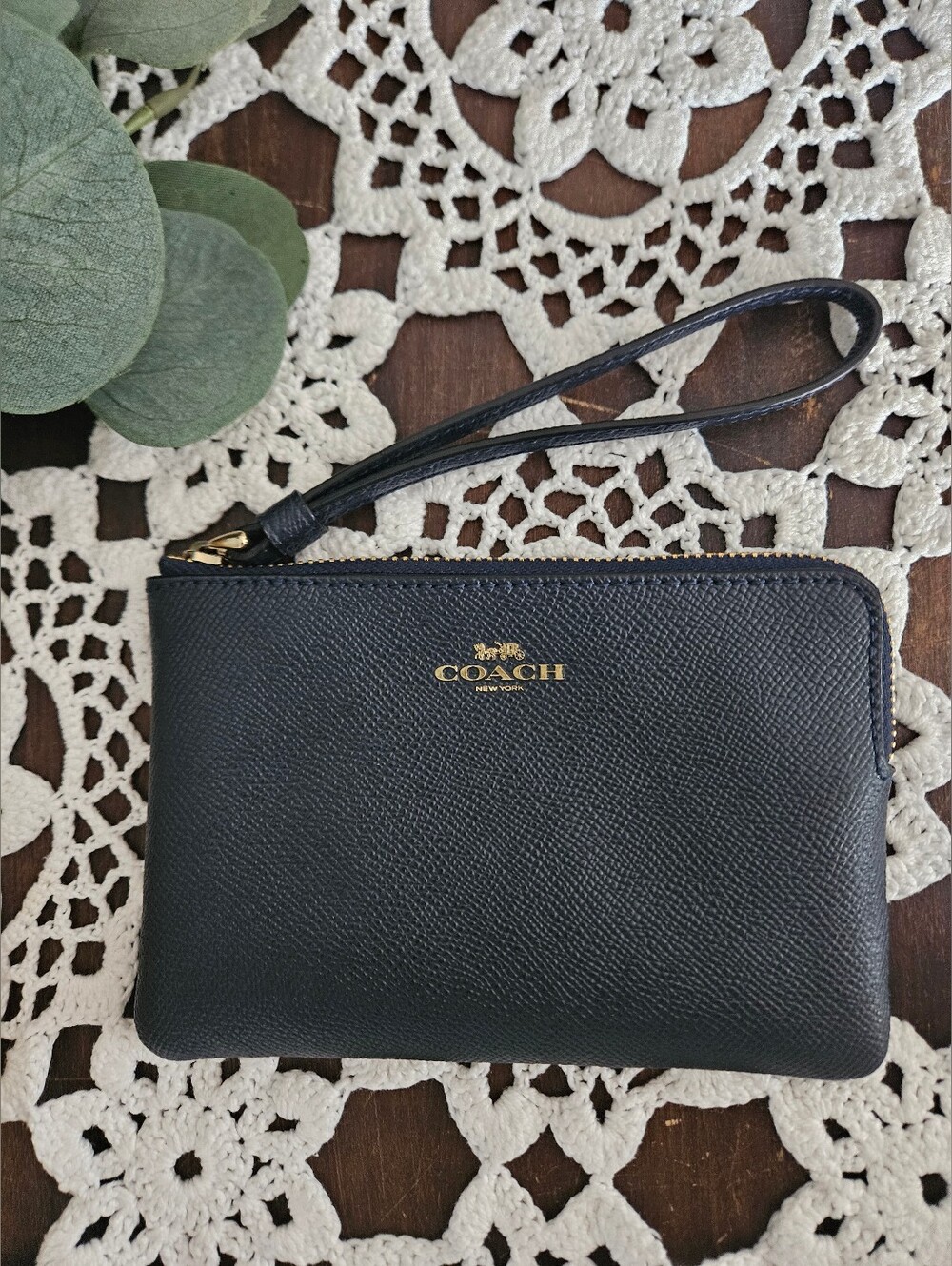 Coach Midnight Navy Blue Crossgrain Leather Corner Zip Wristlet
